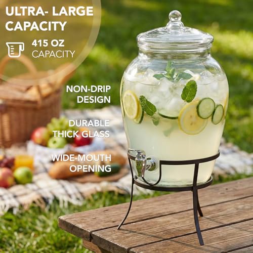 Glass Beverage Drink Dispenser with Metal Rack Stand (2.64 Gallon)