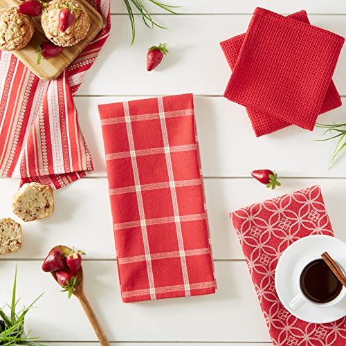 Assorted Woven Kitchen Set (Red / Dishtowel, 18x28"; Dishcloth, 13x13")