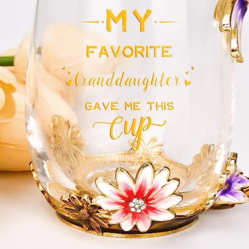Grandma Gifts from Granddaughter Tea Cup Birthday Grandparent Gifts Mothers Day Enamel Flower Glass Mugs from Grandkids Grandchildren (Grandma)
