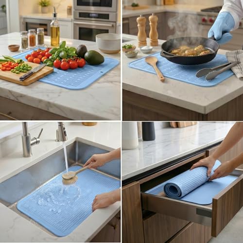 Silicone Dish Drying Mat for Multiple Usage (Light Blue / 24"L x 18"W)