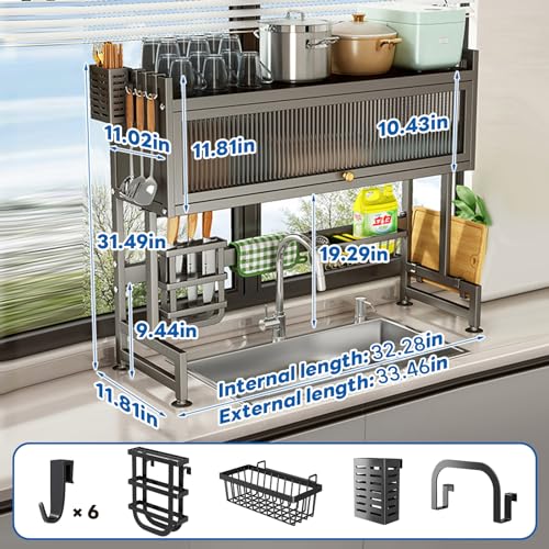 Over the Sink Dish Drainer Drying Rack 3 Tier with Cover (Matte gray)