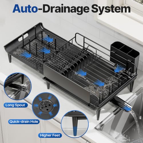 Expandable Dish Drying Rack for Kitchen Counter with Drainboard (1 Tier - Expandable - Black)