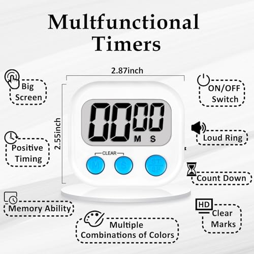 Digital Kitchen Classroom Timers for Kids Cooking 12pcs MulticolorA (White & Black & Pink & Green & Orange & Purple)