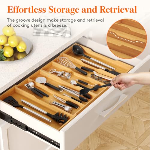 Bamboo Utensil Organizer for Kitchen Drawer (Natural / 17.8~28.3''W x 17'' D)
