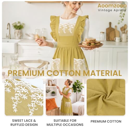 Aoomzoom Vintage Aprons for Woman with Pockets Cute Lace Ruffle Adjustable Apron for Cooking Kitchen Baking Gardening (Lemon Yellow)