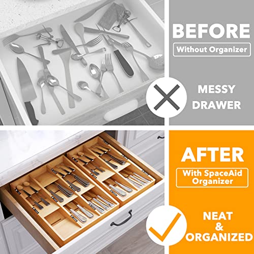Bamboo Silverware Drawer Organizer with Labels (Natural, 6 Slots)