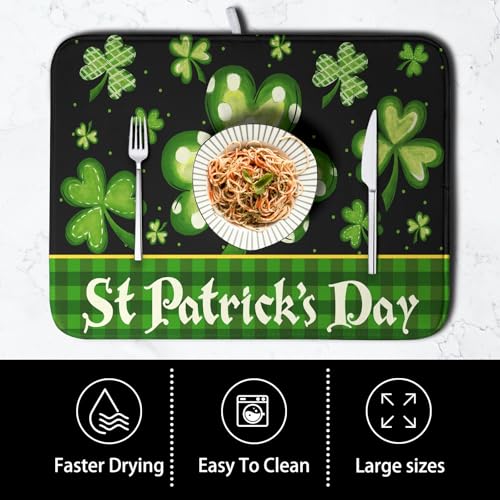 Happy St. Patrick's Day Kitchen Drying Mat Green Plaid Lucky Shamrock Clover Dish Drying Mat St Patrick's Day Super Absorbent Dish Dry Pad Microfiber Dish Drainer Mats for Kitchen Counter 18x24 Inch (St Patrick's Day / 18" x 24")