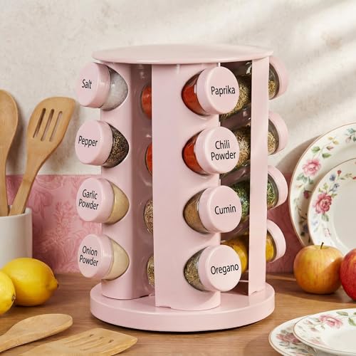 Pink Rotating Spice Rack with 16 Empty Jars and Labels (Pink)