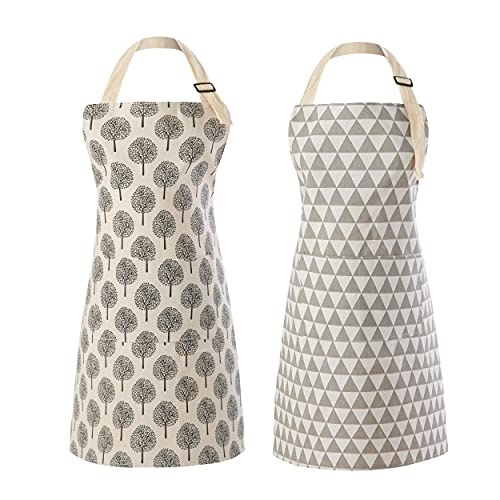 2 Pieces Cotton Linen Waterproof Bib Apron with 2 Pockets (Triangle/Tree)