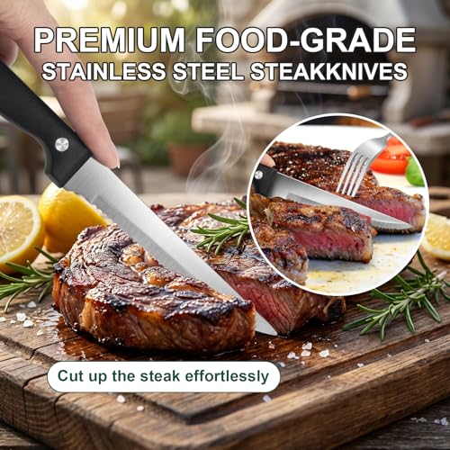 24 Piece Silver Silverware Set with Steak Knives Black Stainless Steel Flatware Set for 4 Food Grade Tableware Cutlery Set Rust (24Pcs-B)