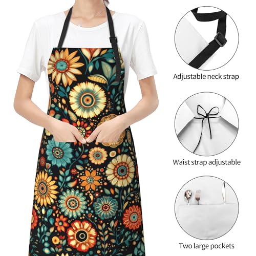 Boho Floral Adjustable Apron Colorful Flowers Printed Apron for Kitchen Cooking Griling Gardening (33" x 28"(Pack of 1) / Boho Flora Black)
