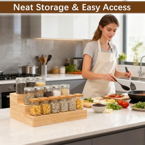 2 Pack 3 Tier Bamboo Spice Rack Organizer for Kitchen Countertop or Cabinet
