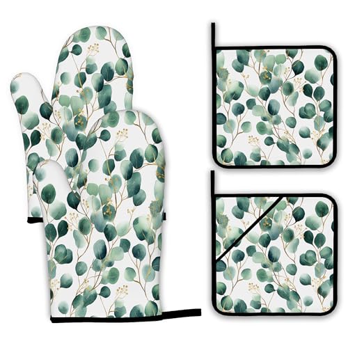 Eucalyptus Leaf Oven Mitts and Pot Holders Set (Eucalyptus Leaf Golden Green)