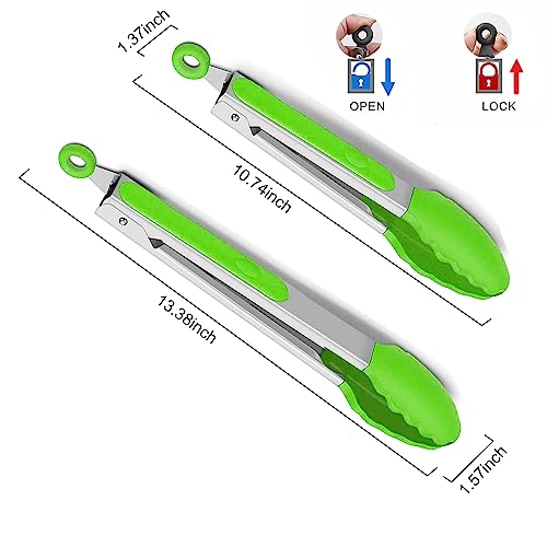2-Pack of 9" (Small) & 12" (Large) Kitchen Tongs Set: Non-Stick Silicone-Stainless Steel Cooking Tongs, BPA Free, Heat Resistant (480°F) - Non-Slip Grip & Locking Metal Food Tongs (Green) (Green)