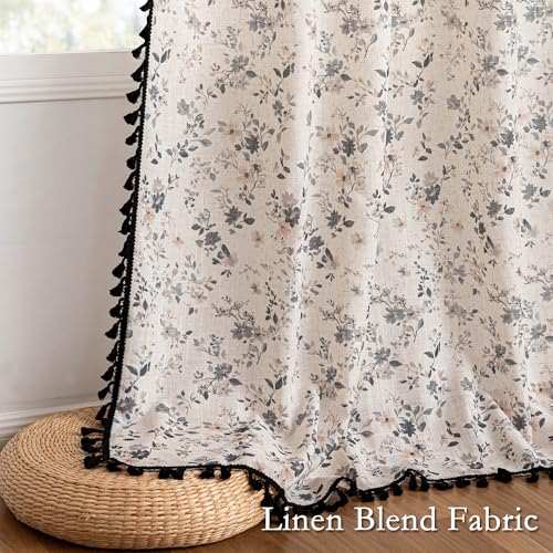 Floral Boho Linen Curtains 84 Inch Length 2 Panels with Black Tassel Semi Sheer Black Cottagecore Vintage Farmhouse Spring Printed Window Curtains Back Tab Living (Black / 50"W x 84"L (Pack of 2))