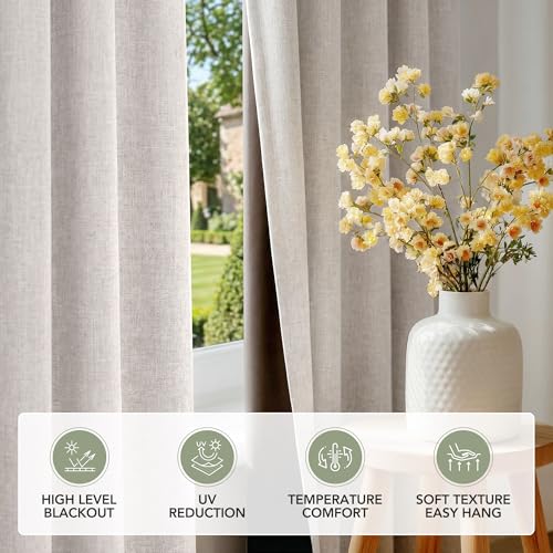 100% Blackout Linen Curtains for Bedroom Living Room 96 Inch Long (Flaxen/100% Blackout / 52"W x 96"L (Pack of 2))