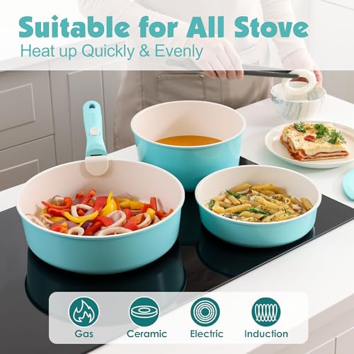 24 Piece Ceramic Detachable Handle Pots and Pans Set Turquoise (Turquoise / 24 Piece)