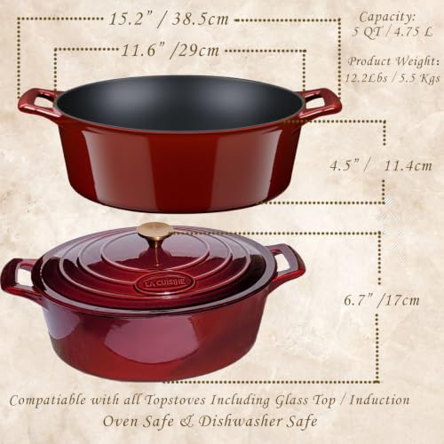 La Cuisine Enameled Cast Iron Oval Dutch Oven Casserole Dish Pot with Lid 5 QT Internal Matt Black Enamel Coating (5.0 QT Oval / Cranberry)