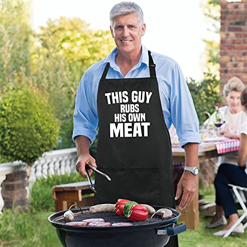100% Cotton Funny Aprons This Guy Rubs His Own Meat with 2 Pockets BBQ Grilling Adjustable Bib Aprons Gifts for Men Dad Friends Father's Day Barbecue Birthday (This Guy Rubs His Own Meat)