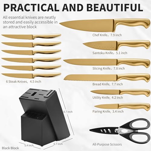 15 Piece Gold Kitchen Knife Block Set with Sharpener (Gold)