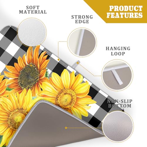 Sunflower Dish Drying Mat for Kitchen Counter Watercolor Black White Plaid Microfiber Absorbent Dish Draining Reusable Washable Foldable Extra Large 18"x24" (24" x 18")