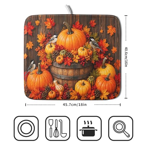 Autumn Dish Drying Mat for Kitchen Countertop Fall Pumpkin Maple Leaf Birds Dish Drainer Mats 16x18inch Rustic Wood Board Grain Dish Drying Rack Pad Protector for Dining Seasonal Decor (18" x 16")