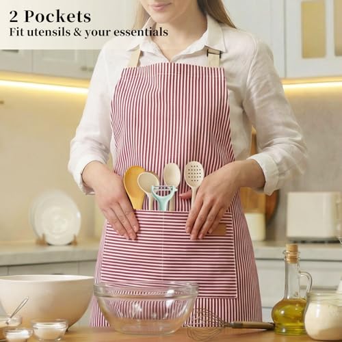 2 Pack Cooking Aprons Adjustable Bib Apron for Women with 2 Pockets (Pink/Blue Stripes)