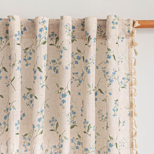 Floral Boho Linen Curtains 96 Inches Length 2 Panels Set Blue Flower Patterned Light Filtering Spring Vintage Farmhouse Window Curtains with Tassel Beige Back Tab Dining Room (Blue / 50"W x 96"L (Pack of 2))