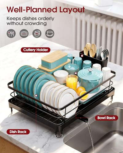 Stainless Steel Dish Drying Rack for Kitchen Counter (Black / Large - 12.5"W X 16.5"L)