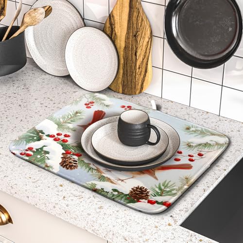 Winter Cardinal Bird Dish Drying Mat for Kitchen Counter 16x18 Christmas Snow Scene Theme Seasonal Absorbent Reversible Microfiber Drying Mats Kitchen Countertop Protector Dishes Drainer Pad (16" x 18")
