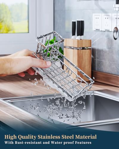 Sink Caddy Kitchen Sponge Holder with Dish Brush Holder (A-silver)