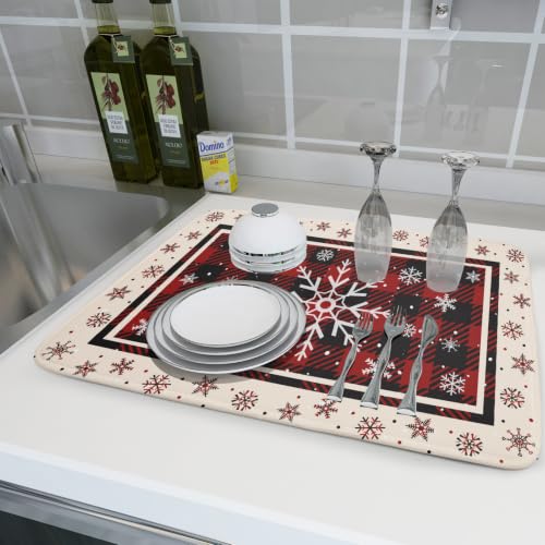 18"x24" Christmas Snowflakes Dish Drying Mat Xmas Red Black Buffalo Plaids Winter Snow Dish Drainer Mats Microfiber Reversible Dish Drying Rack Pad for Kitchen Countertop Tabletop Decor (24" x 18")