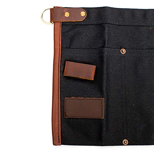 Waterproof Waxed Canvas Tool Apron With the Adjustable Genuine Leather Belt (Black)