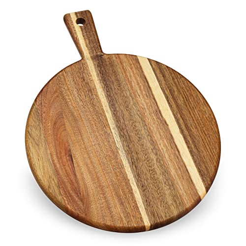 Acacia Wood Cutting Board and Chopping Board with Handle for Meat (Round)