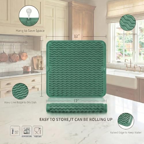 Silicone Dish Drying Mat for Multiple Usage (Green / 12"L x 12"W)