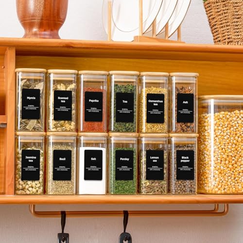 Square Glass Spice Jars with Labels 10 oz 16 Pack with Bamboo Lids (10 fl oz x 16 - Square)