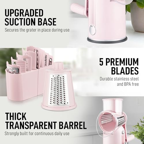 Rotary Cheese Grater Manual Hand Crank 5 Blade Shredder (5 Blades / Classic | Pink)