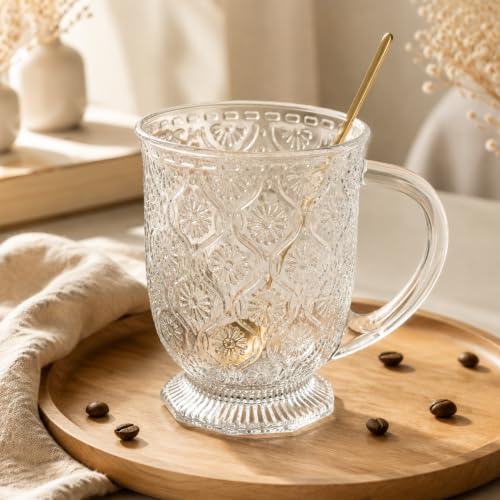 16oz Vintage Glass Coffee Mugs Set (Begonia Flower)
