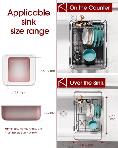 Extendable Dish Drying Rack Over Sink with Dish Drainer (Silver / EXtendable - 12"W X 16.1~23"L)