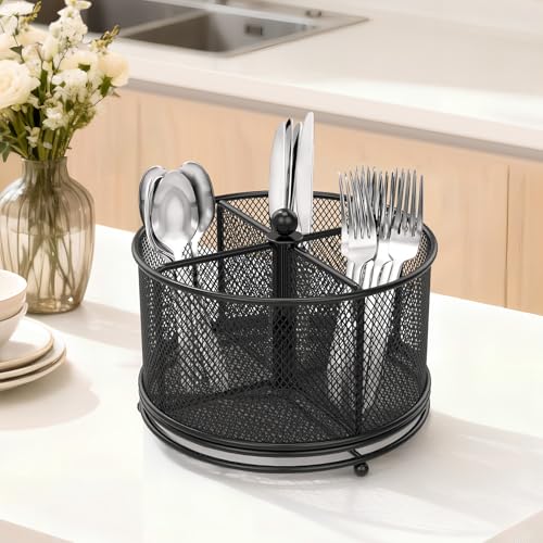 2 Pack 360° Rotating Metal Silverware Organizer Holder (Black / 2 Pack)