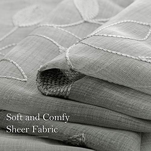 Grey Gray Sheer Kitchen Curtains 52 x 54 Inch Length 2 Panels Embroidered Leaf Pattern Short Curtains for Bedroom Half Small Window Rod Pocket Tiers (52"W x 54"L (Pack of 2) / 3-grey)