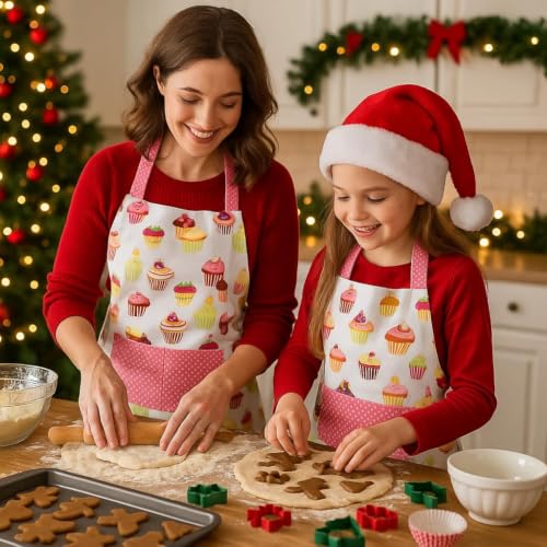 Apron for Women with Pockets (Pink+cupcake Set)