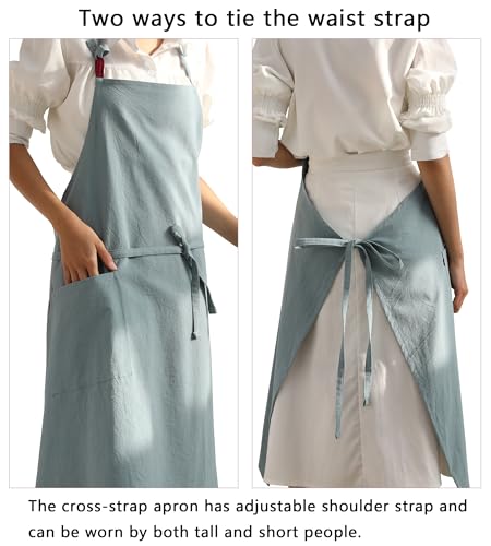 Chef Aprons for Women Men Adjustable Bib Apron Cotton Linen Cooking Apron with Pockets for Baking Restaurant Kitchen (Light Blue)