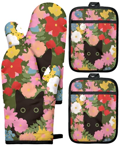 Cotton Oven Mitts and Pot Holders Sets (Floral Feline)