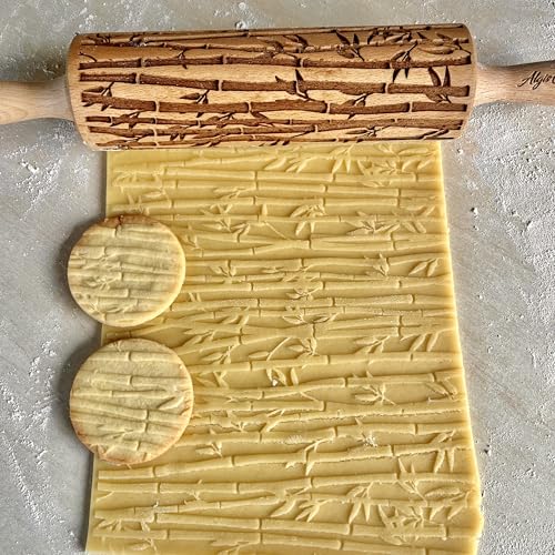 BAMBOO Embossed Rolling Pin for Ceramic. Clay Roller and Ceramic Stamp for Embossing Pottery. Baking Gifts for Women by Algis Crafts for Embossed Cookies