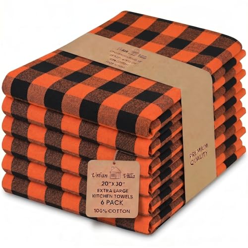 Kitchen Towels Cotton Dish Towels 20”x30” (20" x 30" (Set of 6) / 149 Orange/Black - Check)