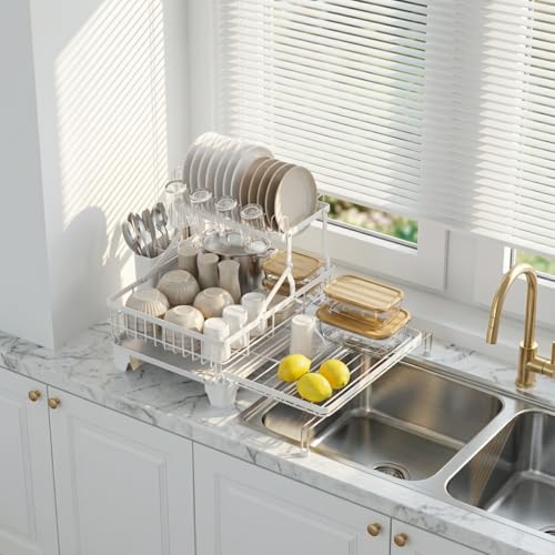 Large Expandable 2 Tier Dish Drying Rack (White / 2-Tier, Expandable 14.4"-22.4" W)
