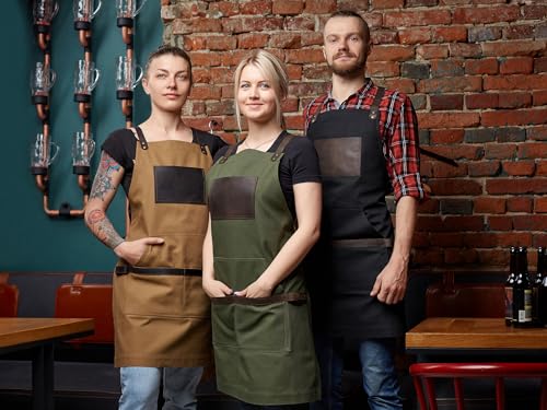 Black Apron in Canvas and Leather for Chef Work Bartender Barista Barber Shop Grill Master olpr. Made in USA (Blackbrown)