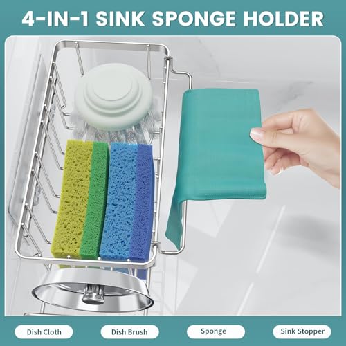 4-in-1 Sponge Holder for Kitchen Sink, Sink Caddy Organizers, Silver (Silver)