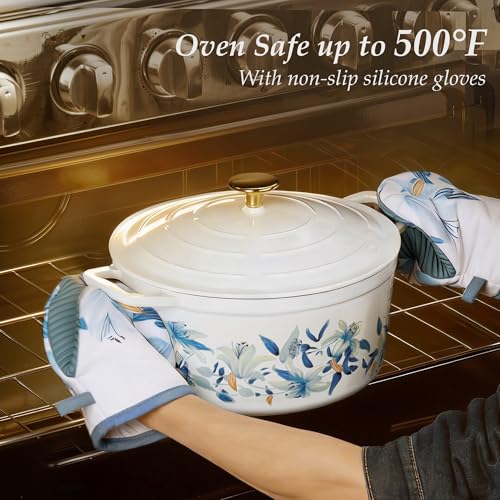 7QT Enameled Cast Iron Dutch Oven Pot with Lid (Blue Floral / 7QT)